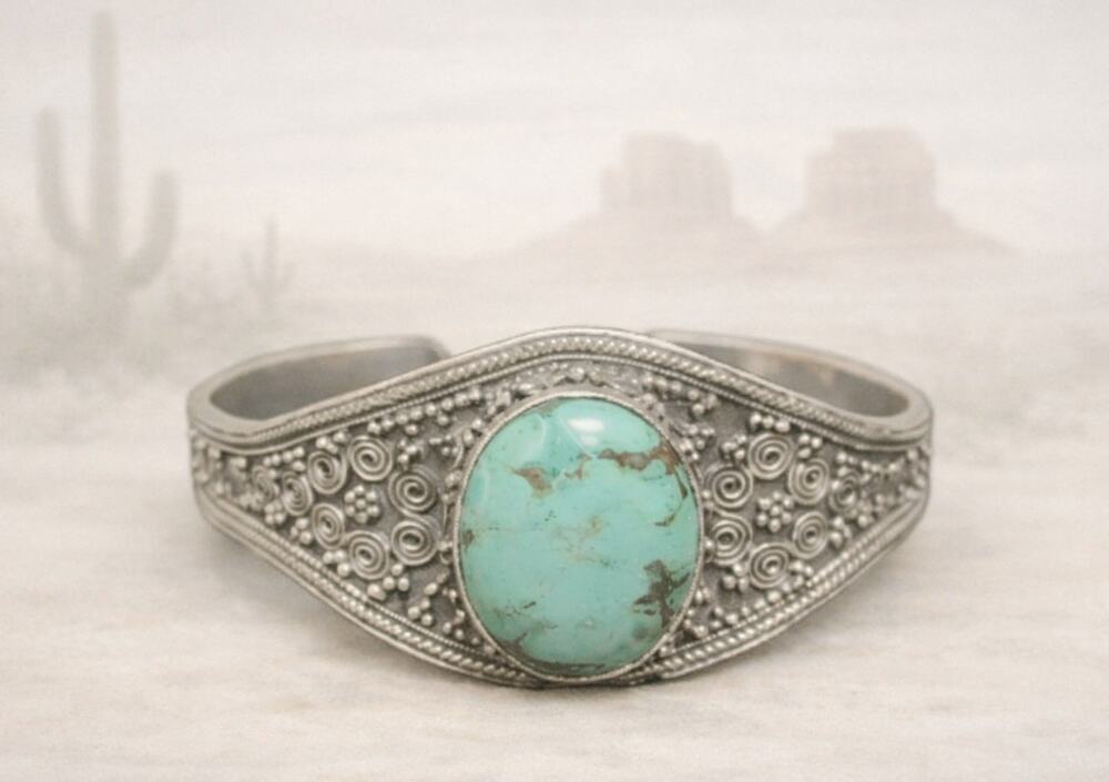 925 Sterling Silver Turquoise Ornate Floral Detailed Bangle Bracelet Southwest